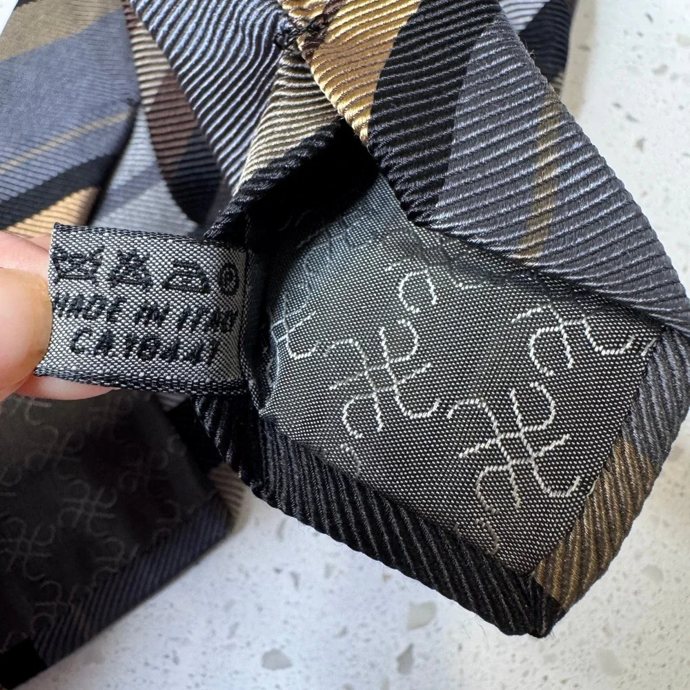 Tino Cosma Silk Necktie Mens Black Grey Bronze Striped Made in Italy Tie